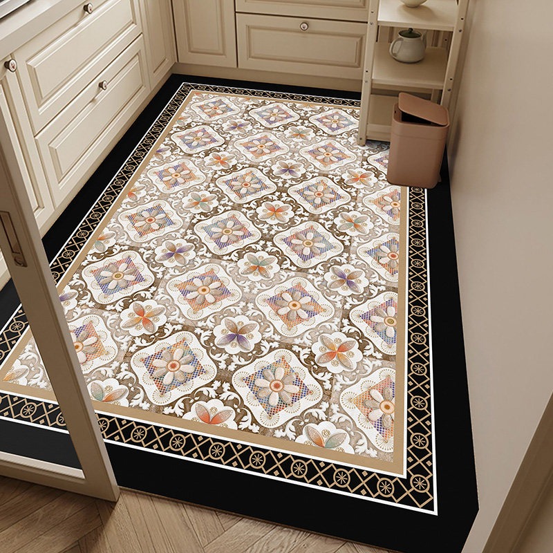 Commercial Kitchen Tile Flooring - PVC-Küchenbodenmatte, wasserdicht, ölbeständig, rutschfest, Lederteppich, Retro-Blumenfliesenteppich,