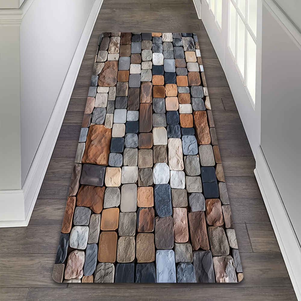 Commercial Kitchen Tile Flooring - Mehrfarbiger Läufer mit Kopfsteinpflaster-Muster, Rustikaler Steinfliesen-Druck,