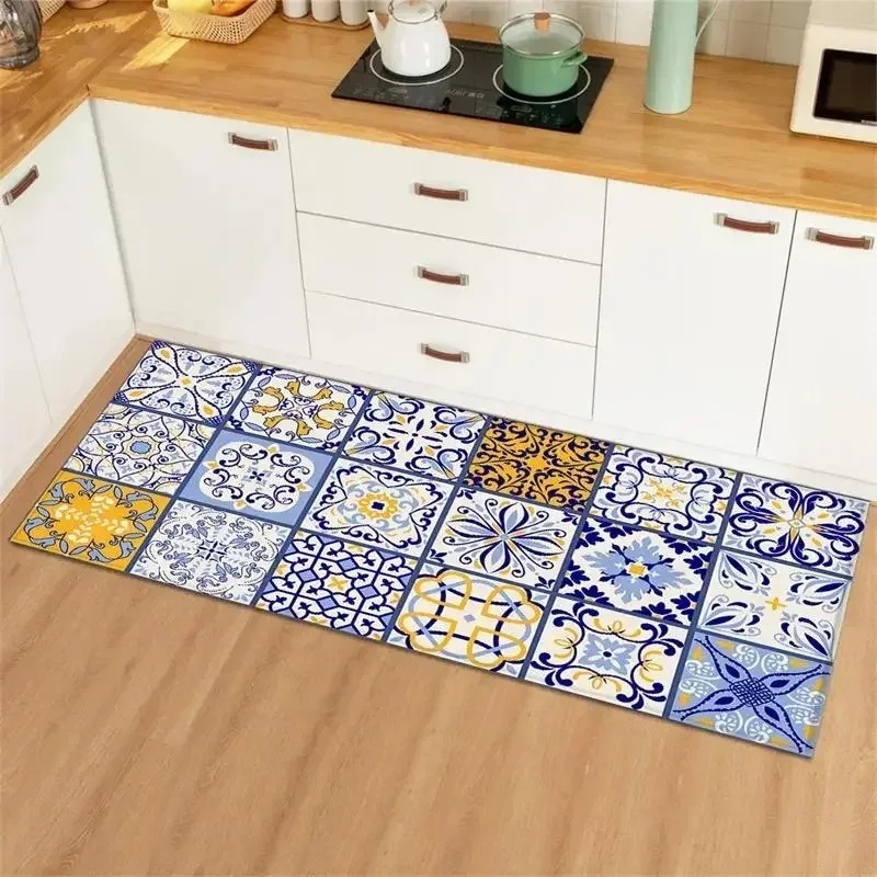 Commercial Kitchen Tile Flooring - Blau-gelbe Vintage-Fliesen-Collage-Küche, langer Läufer-Teppich, mediterraner Stil,