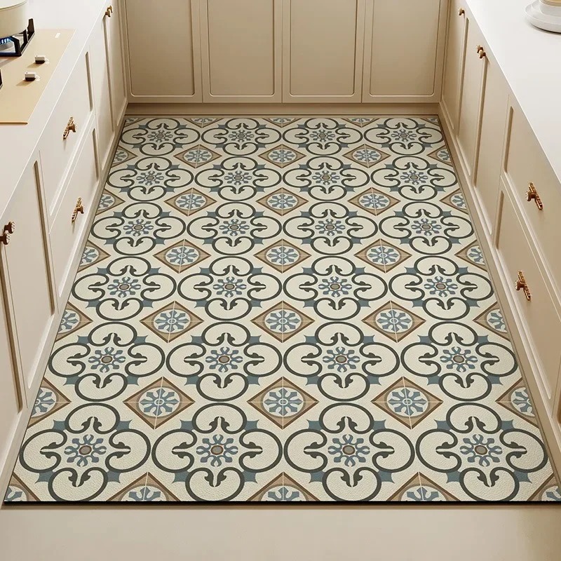 Commercial Kitchen Tile Flooring - Vintage Blumenfliesen-Design Küchenbodenmatte, Rutschfester Dekorativer Läufer