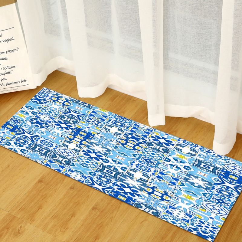 Commercial Kitchen Tile Flooring - Langer Teppich im mediterranen blau-weißen Fliesenmuster,